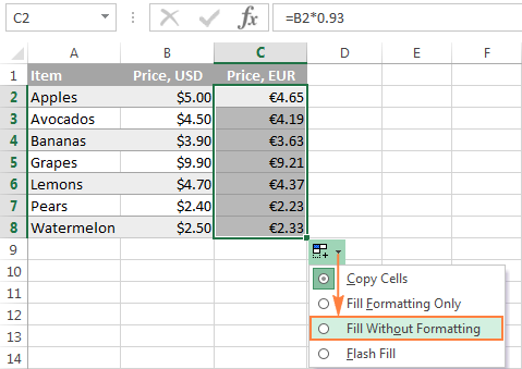 Fill formula to the right excel